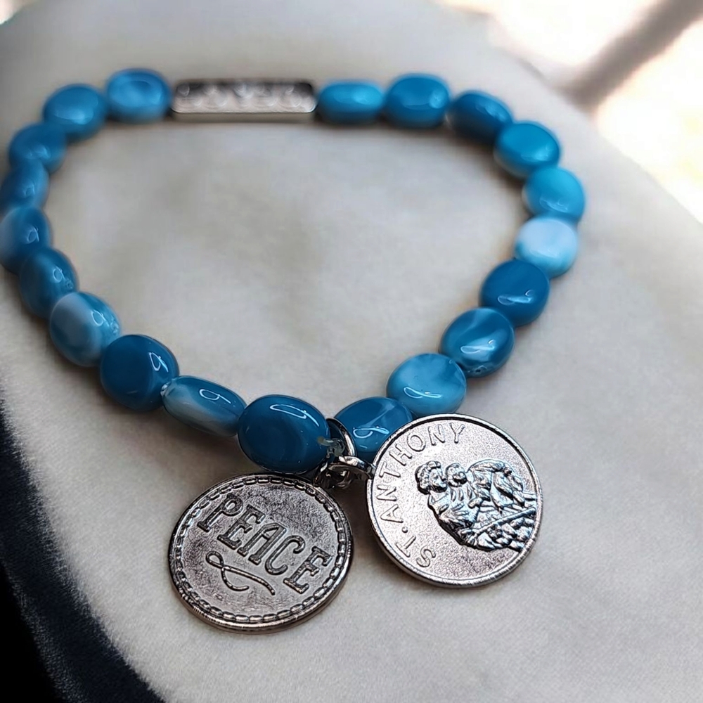 St. Anthony's Blue Beaded Bracelet with Silver Charms Hope & Peace NWOT